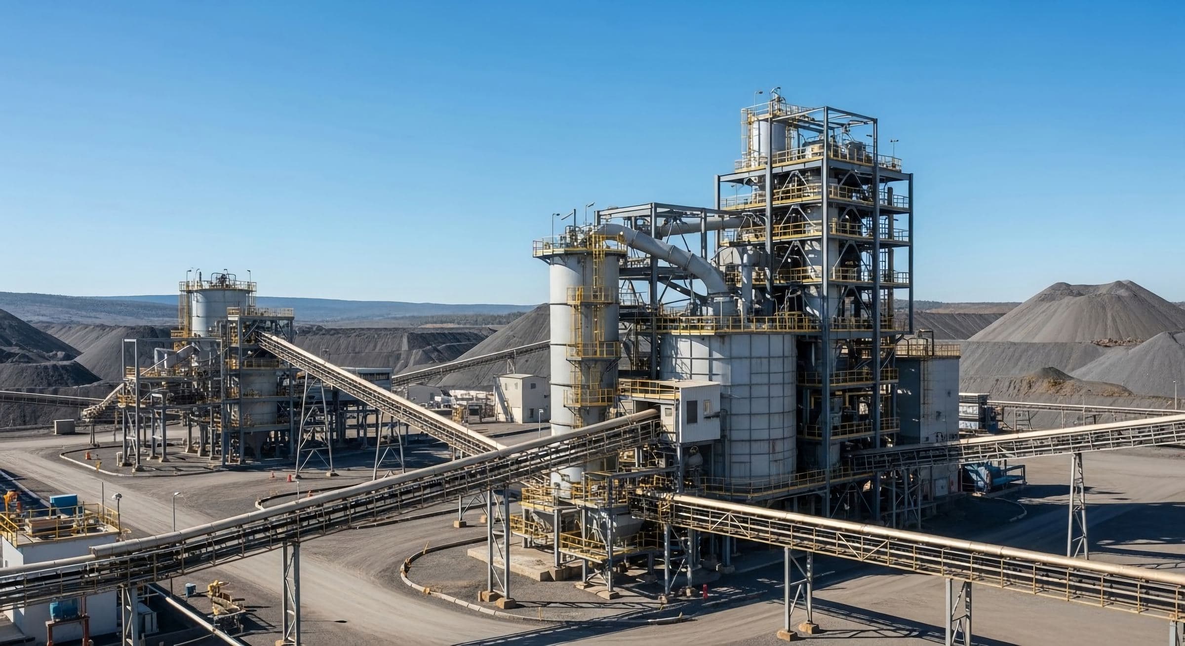 Mineral processing plant with conveyors, silos and screening towers